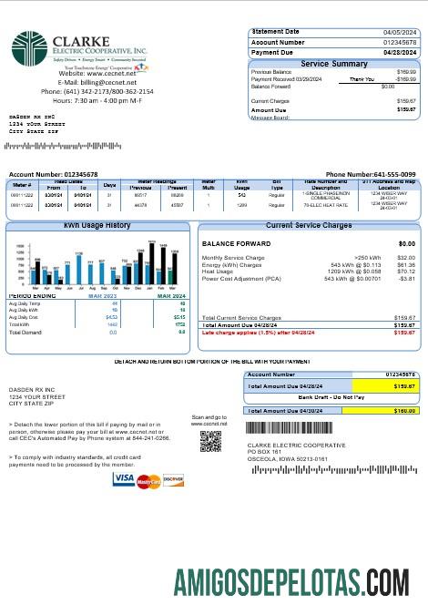 realista Modelo de conta de serviços públicos dos EUA Iowa Clarke Electric Cooperative, Inc em formatos Word e PDF